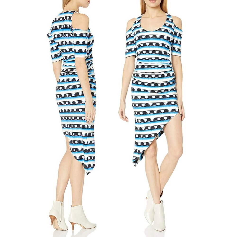 NICOLE MILLER Tie Dye Stripe Asymmetrical Cold Shoulder Dress - Picture 2 of 9
